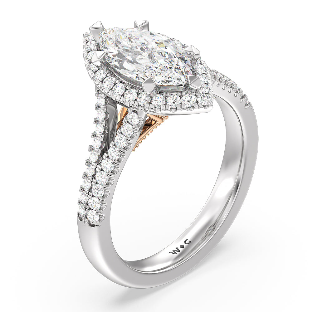 Marquise Cut Split Shank Hidden Accent Halo Engagement Ring with Lab Grown Diamond in 14KT White & Rose Gold view 3
