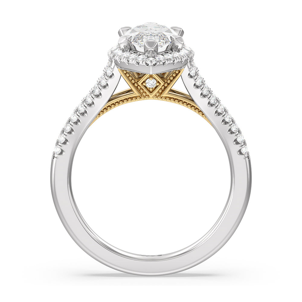 Marquise Cut Split Shank Hidden Accent Halo Engagement Ring with Lab Grown Diamond in 14KT White & Yellow Gold view 2
