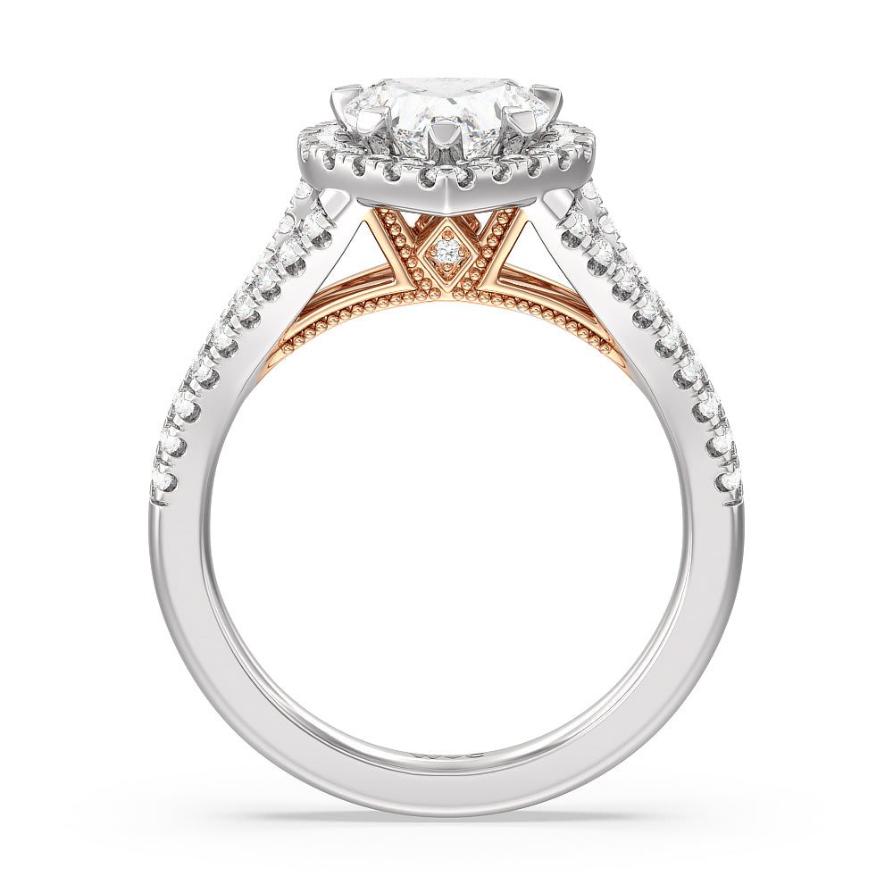 Heart Cut Split Shank Hidden Accent Halo Engagement Ring with Lab Grown Diamond in 14KT White & Rose Gold view 2
