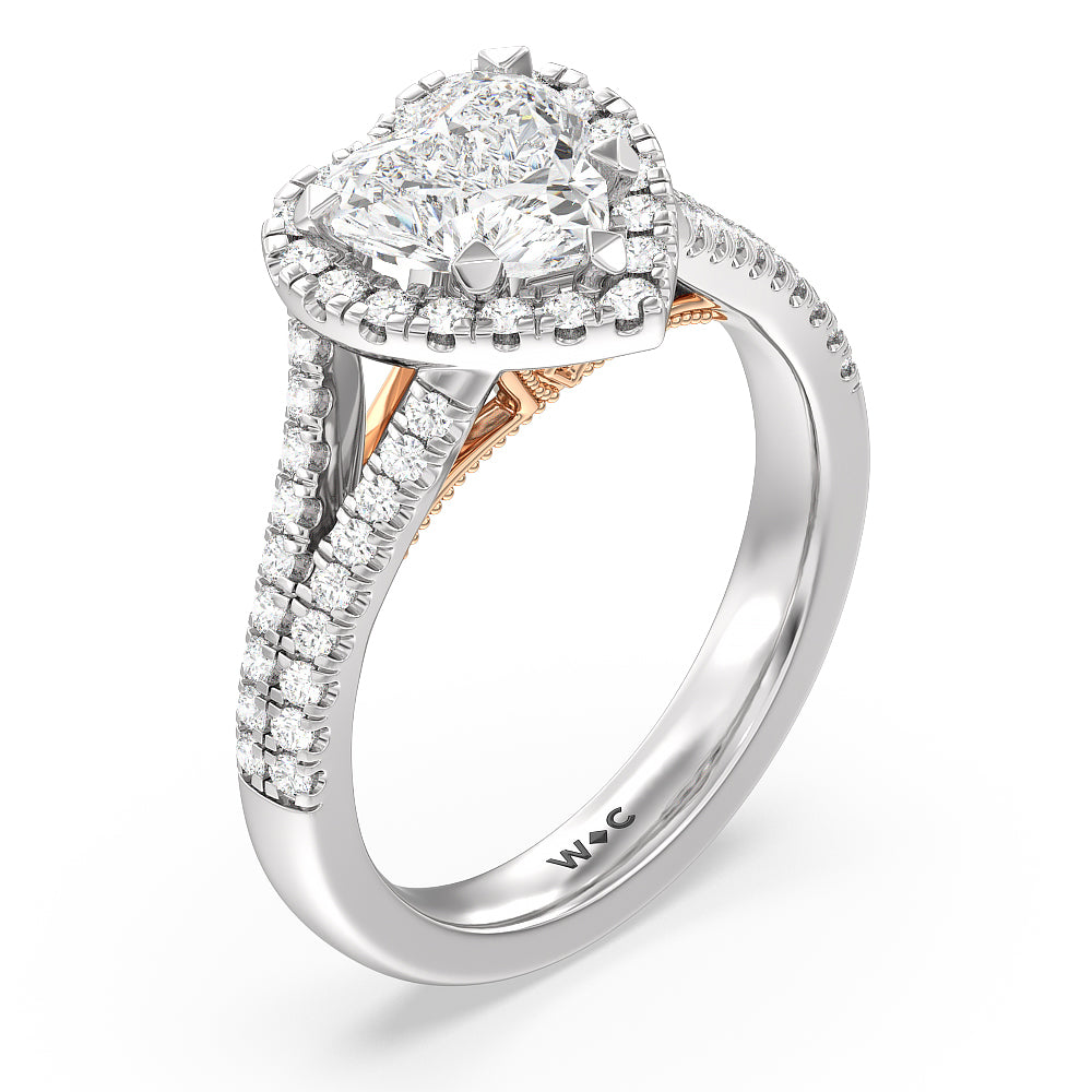 Heart Cut Split Shank Hidden Accent Halo Engagement Ring with Lab Grown Diamond in 14KT White & Rose Gold view 3
