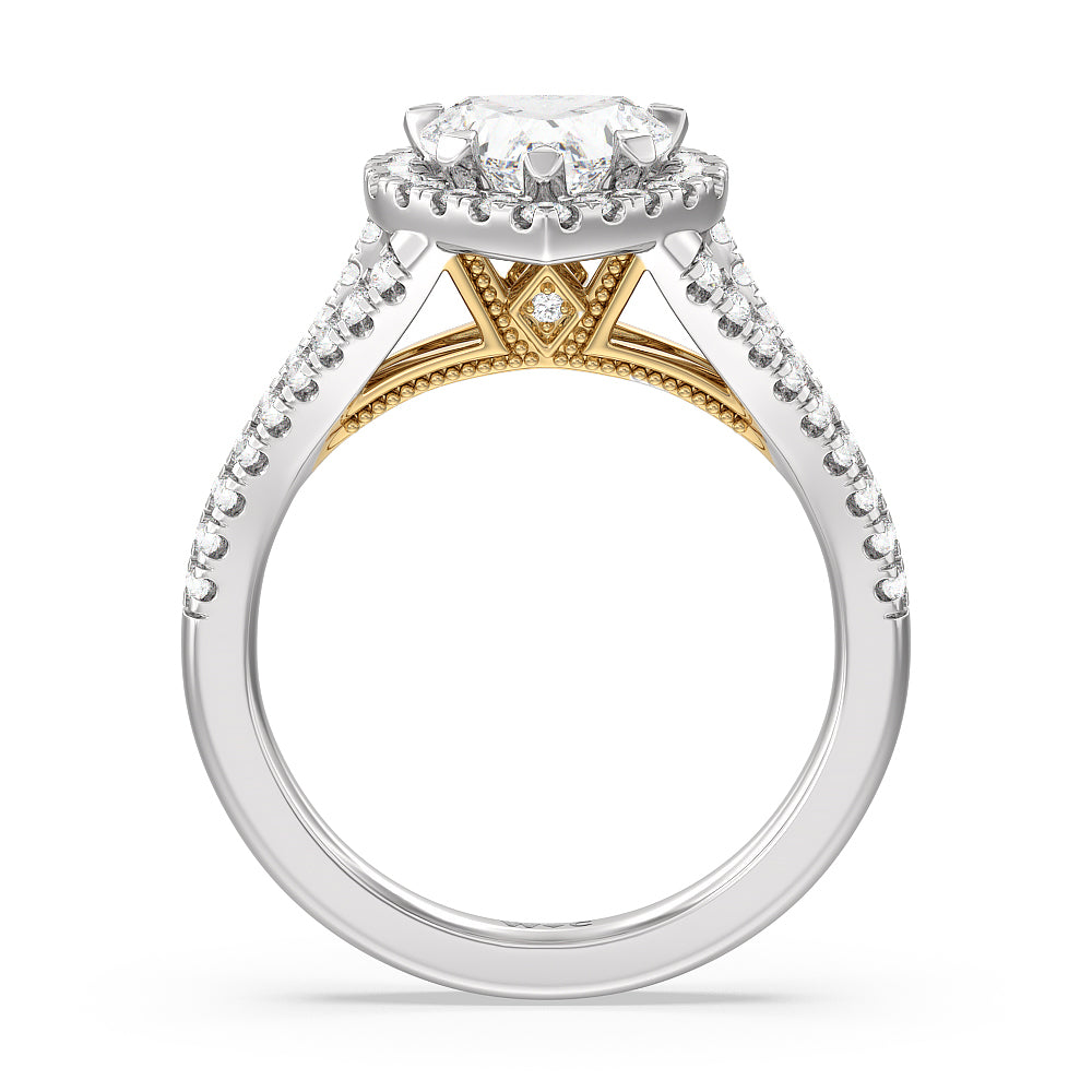 Heart Cut Split Shank Hidden Accent Halo Engagement Ring with Lab Grown Diamond in 14KT White & Yellow Gold view 2
