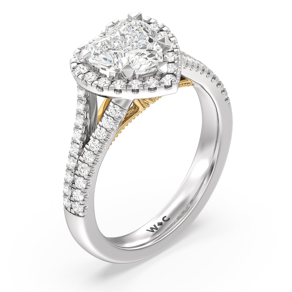 Heart Cut Split Shank Hidden Accent Halo Engagement Ring with Lab Grown Diamond in 14KT White & Yellow Gold view 3
