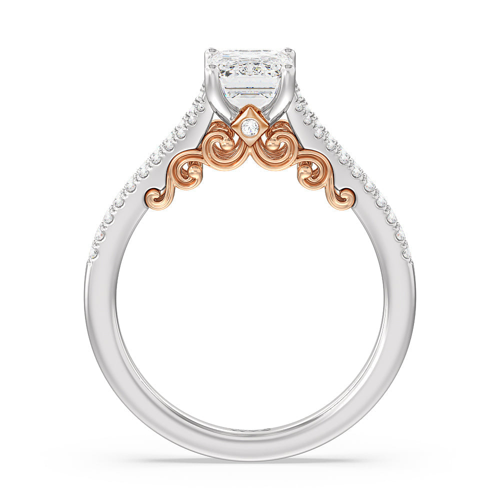Split Shank Hidden Accent Engagement Ring with Emerald Cut Diamond in 14KT White & Rose Gold view 2
