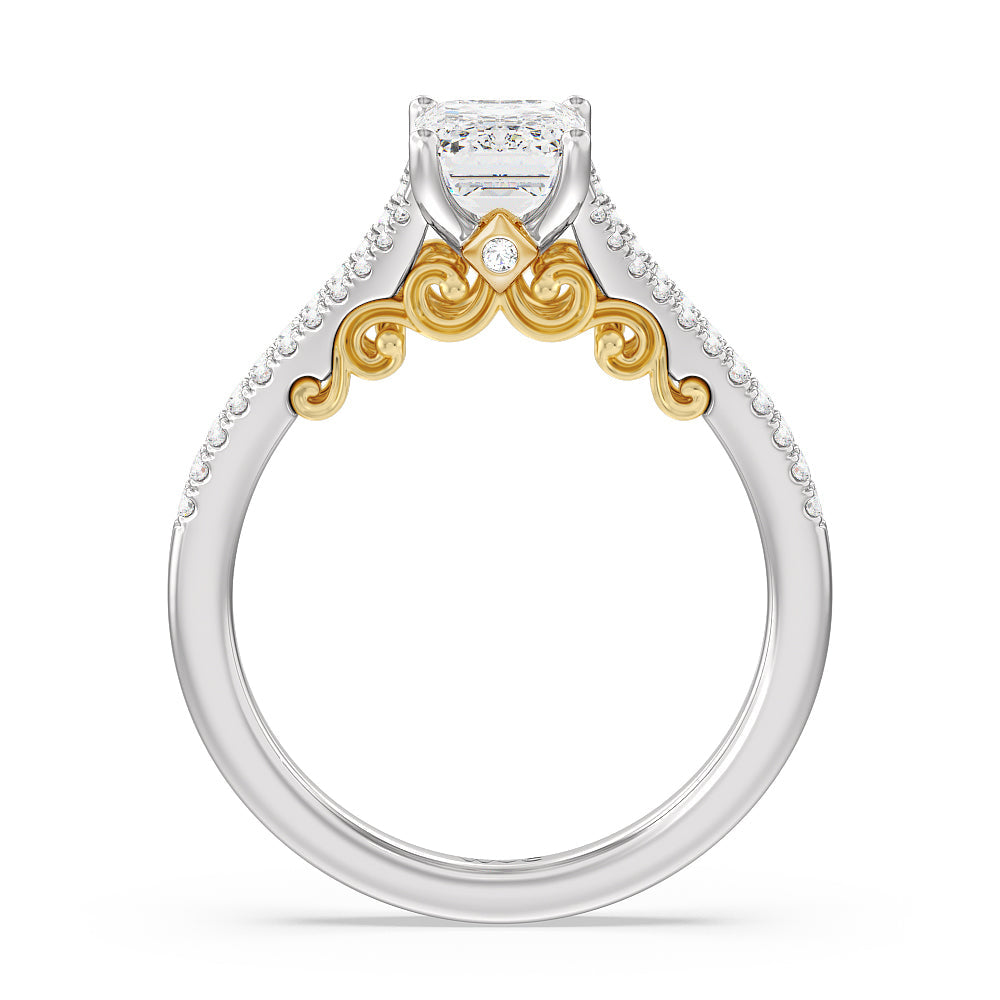Split Shank Hidden Accent Engagement Ring with Emerald Cut Diamond in 14KT White & Yellow Gold view 2

