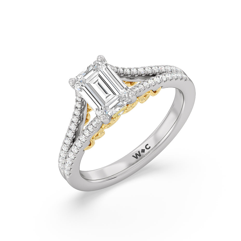 Split Shank Hidden Accent Engagement Ring with Emerald Cut Diamond in 14KT White & Yellow Gold view 3
