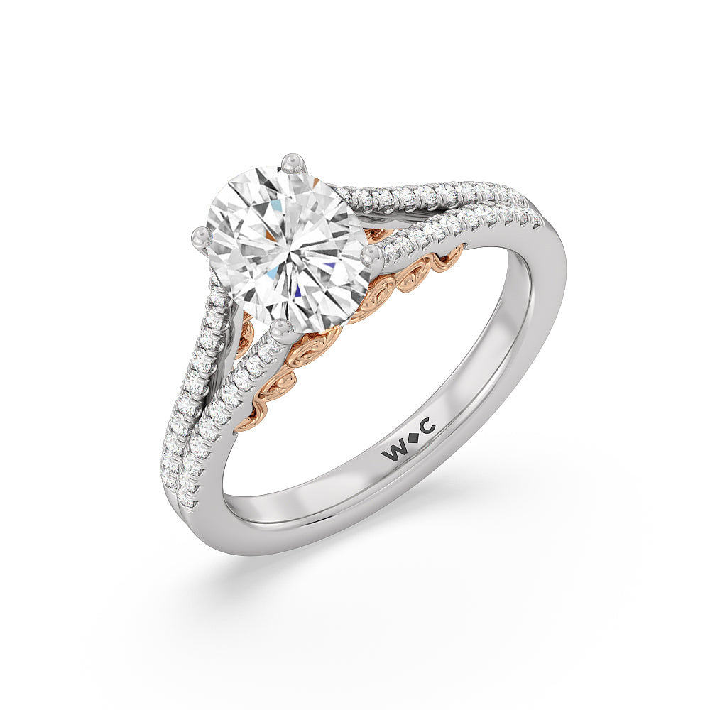 Split Shank Hidden Accent Engagement Ring with Oval Cut Diamond in 14KT White & Rose Gold view 3
