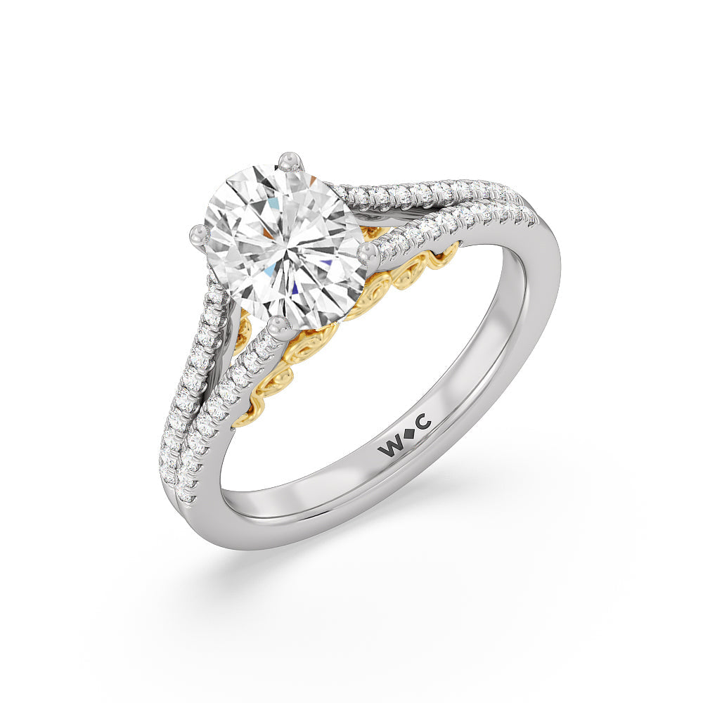 Split Shank Hidden Accent Engagement Ring with Oval Cut Diamond in 14KT White & Yellow Gold view 3

