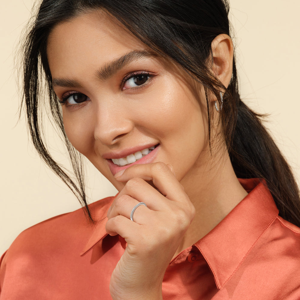 Model Wearing Fine Line Pave Diamond Wedding Band view
