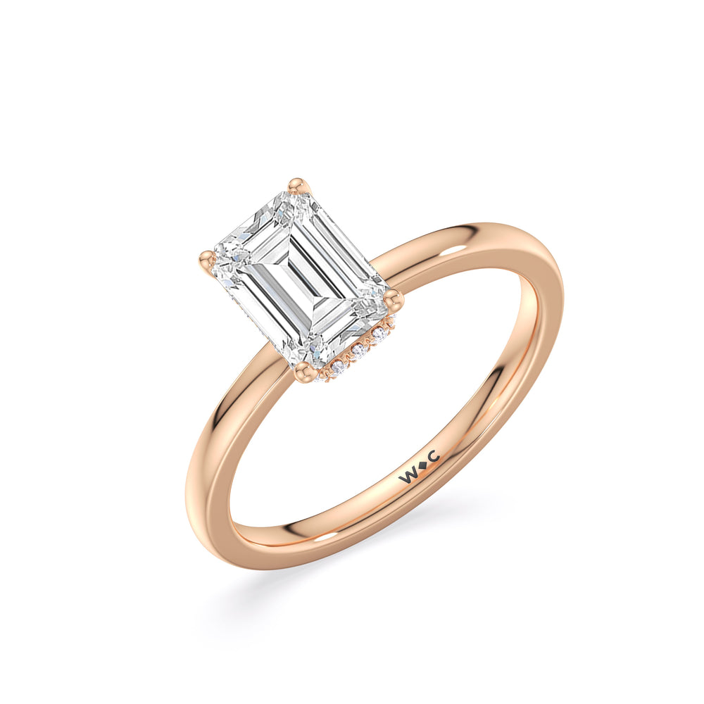 Modern Fine Line High Hidden Halo Solitaire Ring with Emerald Cut Diamond in 14KT Rose Gold view 4
