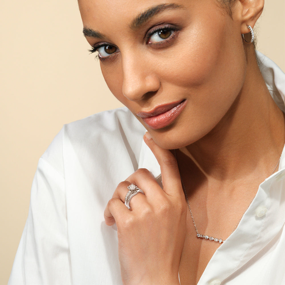 Model Wearing Classic Channel Set Princess Kite Basket Wedding Band view