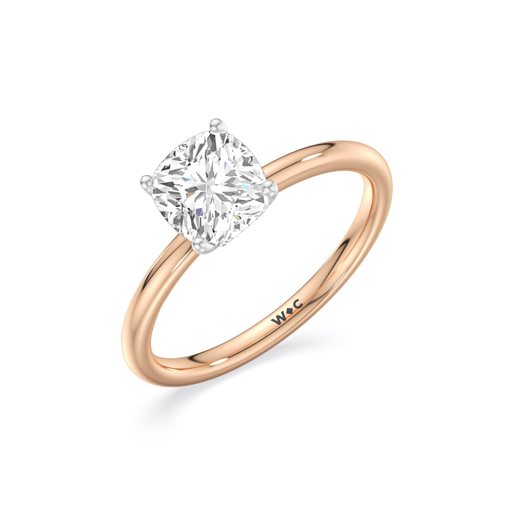 Classic Four Prong Petite Comfort Fit Solitaire Engagement Ring with Cushion Cut Diamond in 14KT White & Rose Gold view 3
