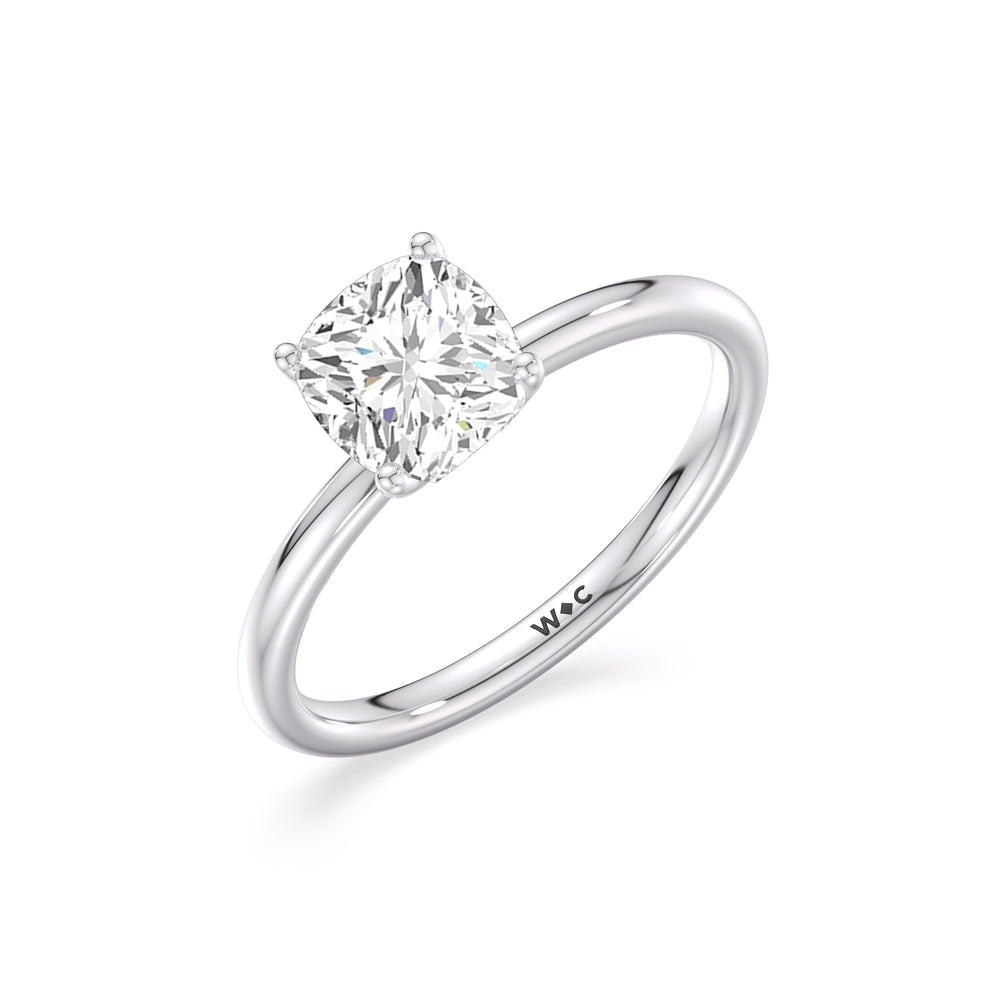 Classic Four Prong Petite Comfort Fit Solitaire Engagement Ring with Cushion Cut Diamond in 14KT Platinum view 3
