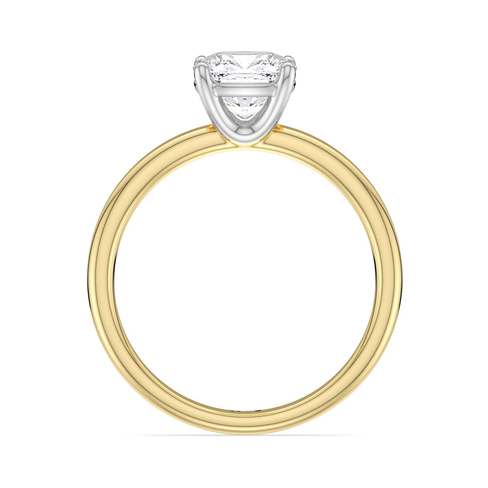 Classic Four Prong Petite Comfort Fit Solitaire Engagement Ring with Cushion Cut Diamond in 14KT White & Yellow Gold view 2

