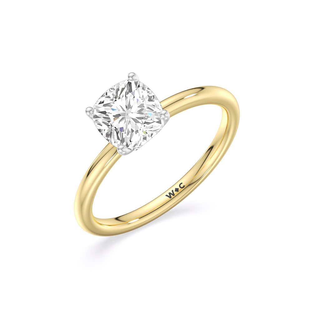 Classic Four Prong Petite Comfort Fit Solitaire Engagement Ring with Cushion Cut Diamond in 14KT White & Yellow Gold view 3
