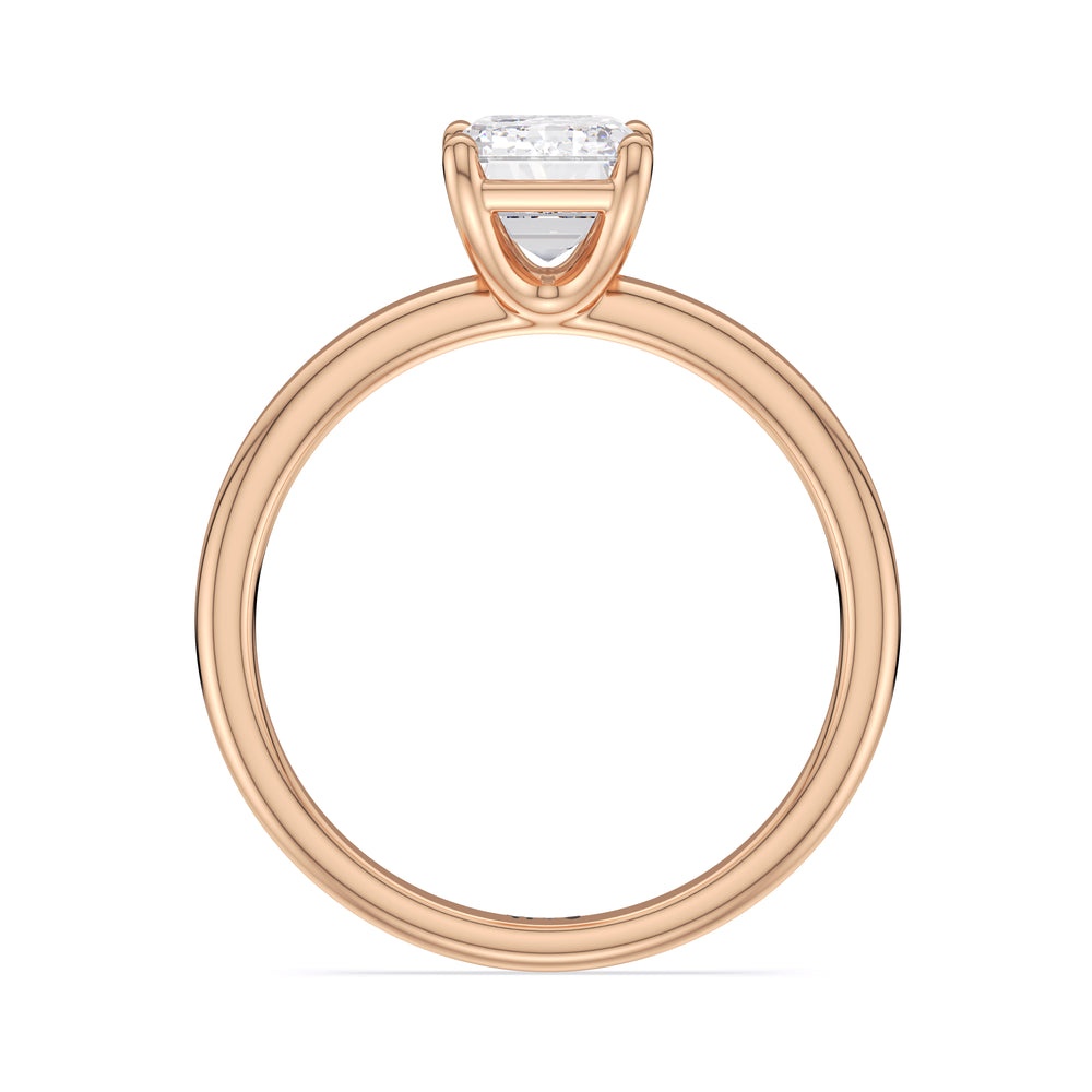 Classic Four Prong Petite Comfort Fit Solitaire Engagement Ring with Emerald Cut Diamond in 14KT Rose Gold view 3
