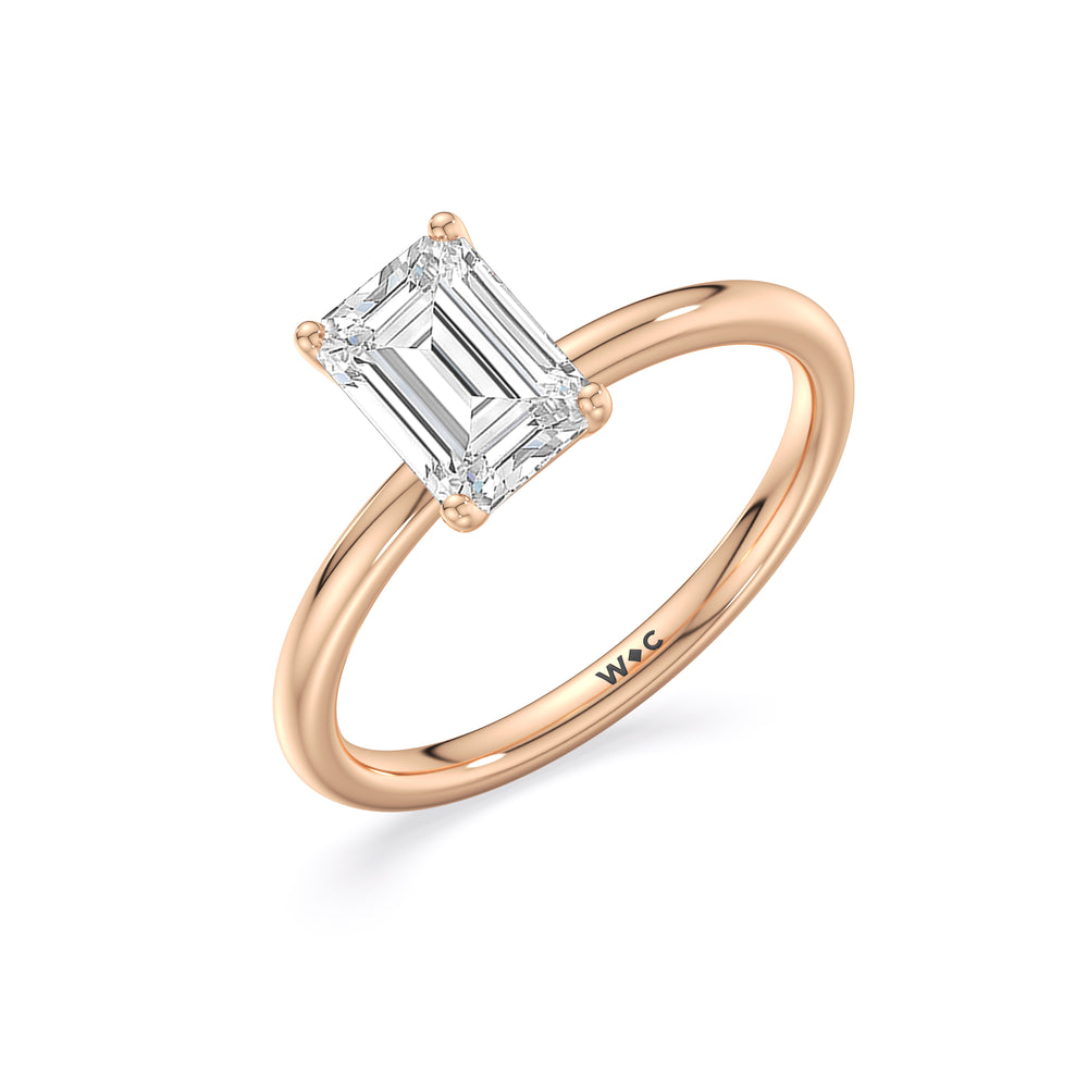 Classic Four Prong Petite Comfort Fit Solitaire Engagement Ring with Emerald Cut Diamond in 14KT Rose Gold view 4
