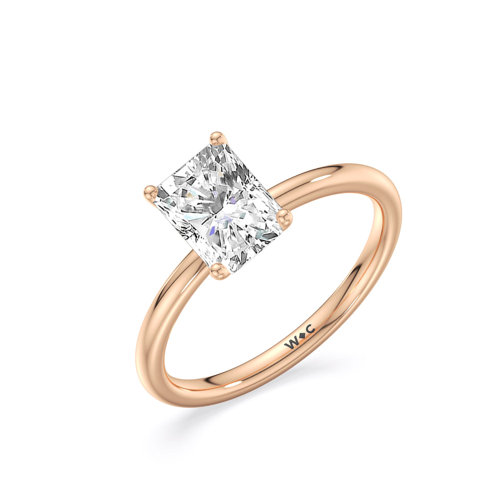Classic Four Prong Petite Comfort Fit Solitaire Engagement Ring with Radiant Cut Diamond in 14KT Rose Gold view 3
