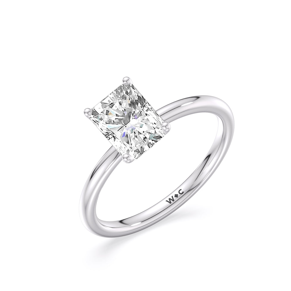 Classic Four Prong Petite Comfort Fit Solitaire Engagement Ring with Radiant Cut Diamond in 14KT Platinum view 3
