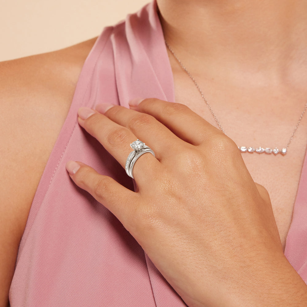 Model Wearing Channel Baguette Deco Solitaire Wedding Band view