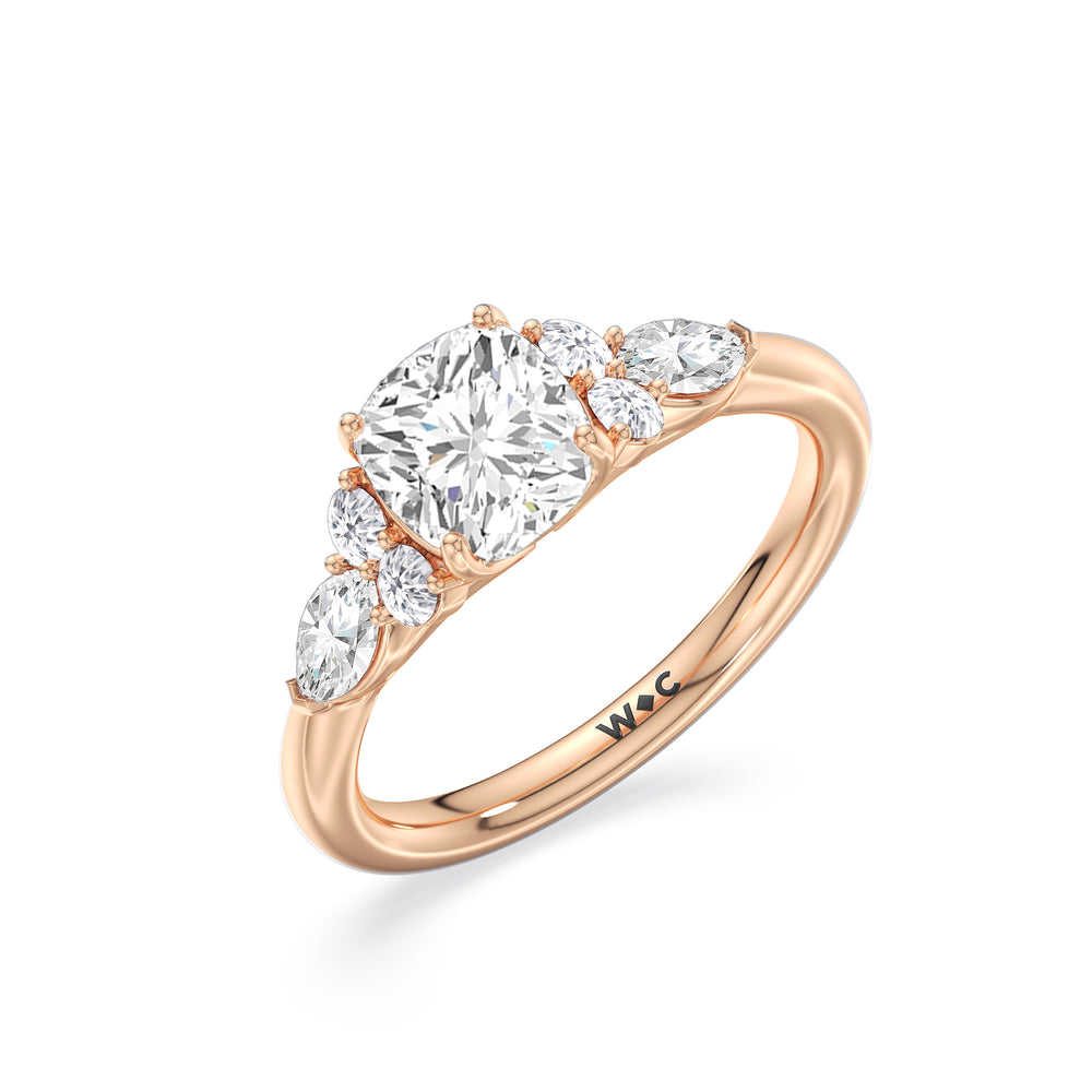 Trio Cluster Engagement Ring with Cushion Cut Diamond in 14KT Rose Gold view 2
