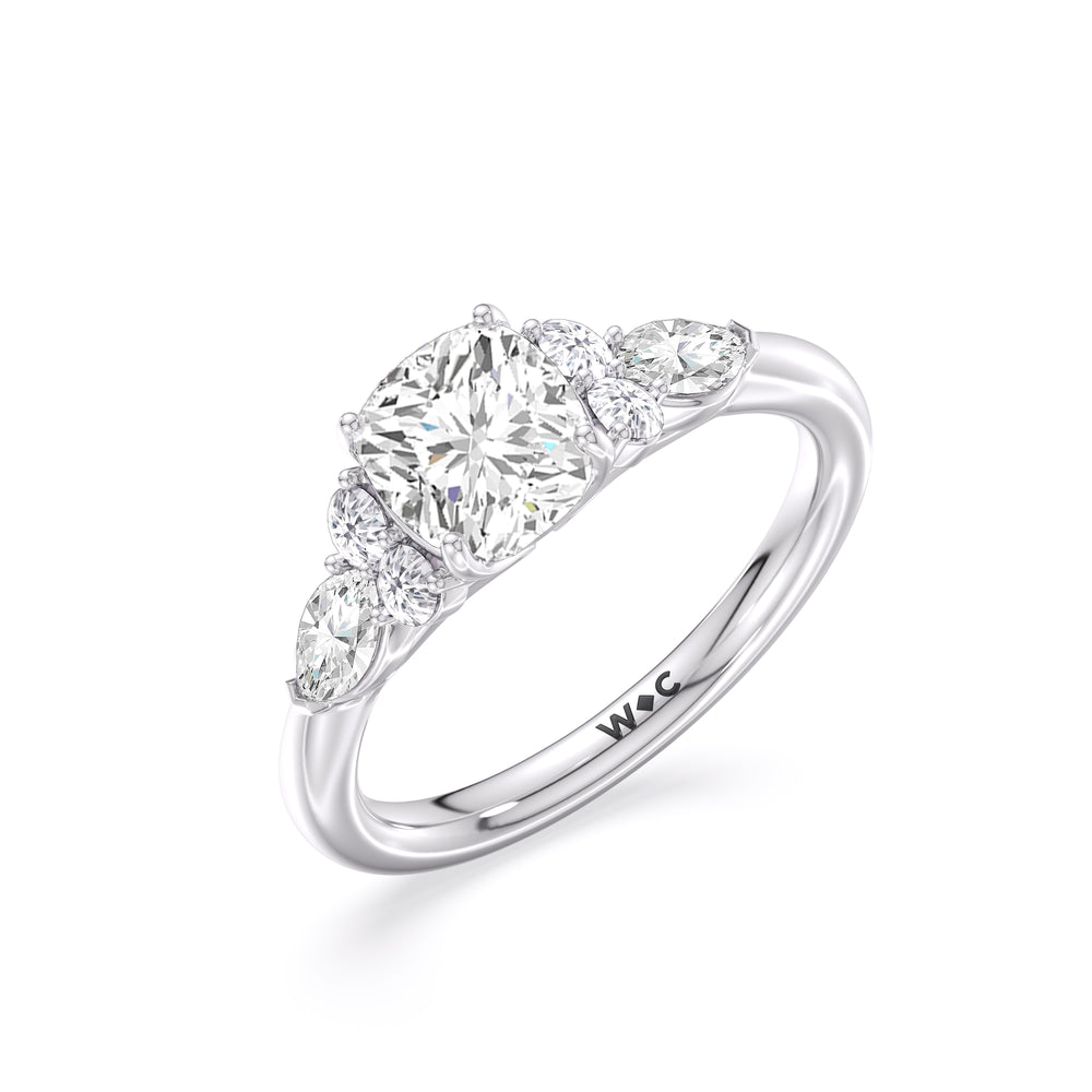 Trio Cluster Engagement Ring with Cushion Cut Diamond in 14KT Platinum view 3
