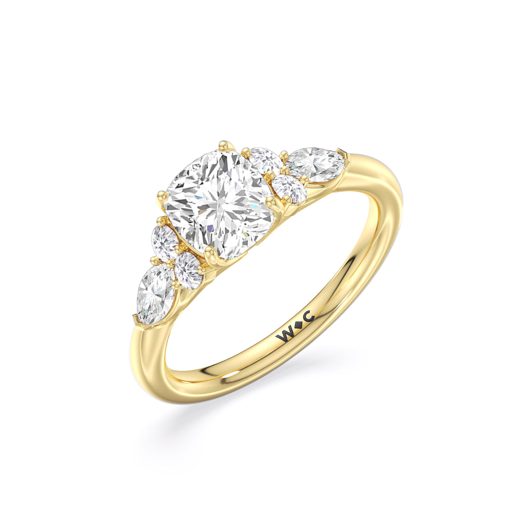 Trio Cluster Engagement Ring with Cushion Cut Diamond in 14KT Yellow Gold view 3
