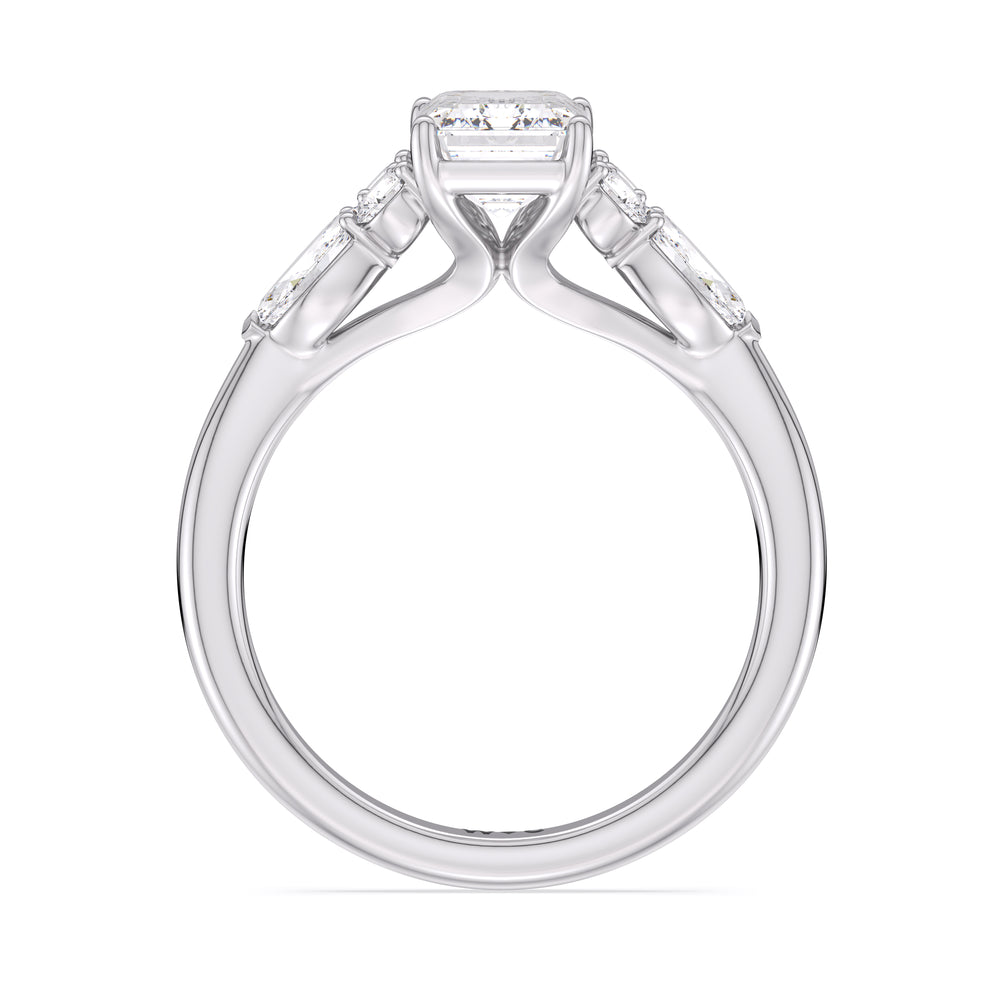 Trio Cluster Engagement Ring with Emerald Cut Diamond in 14KT Platinum view 2
