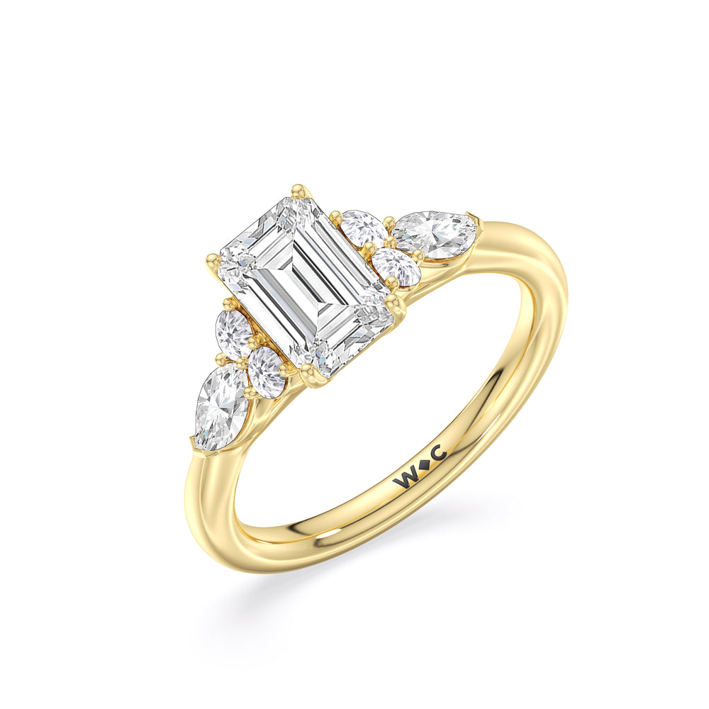 Trio Cluster Engagement Ring with Emerald Cut Diamond in 14KT Yellow Gold view 3
