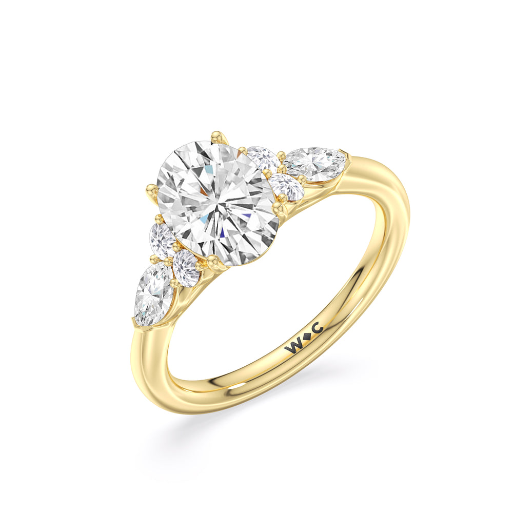Trio Cluster Engagement Ring with Oval Cut Diamond in 14KT Yellow Gold view 4
