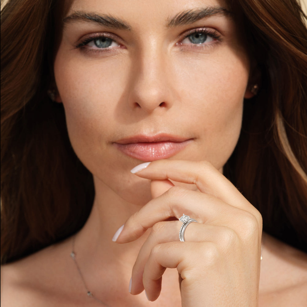Model Wearing Studded Prong Hidden Halo Pave Shank Solitaire Wedding Band view