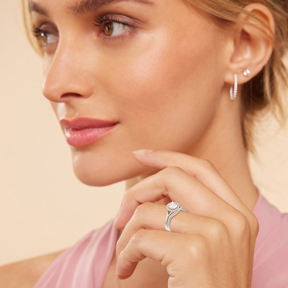 Model Wearing Criss Cross Shank Halo Solitaire Diamond Wedding Band view