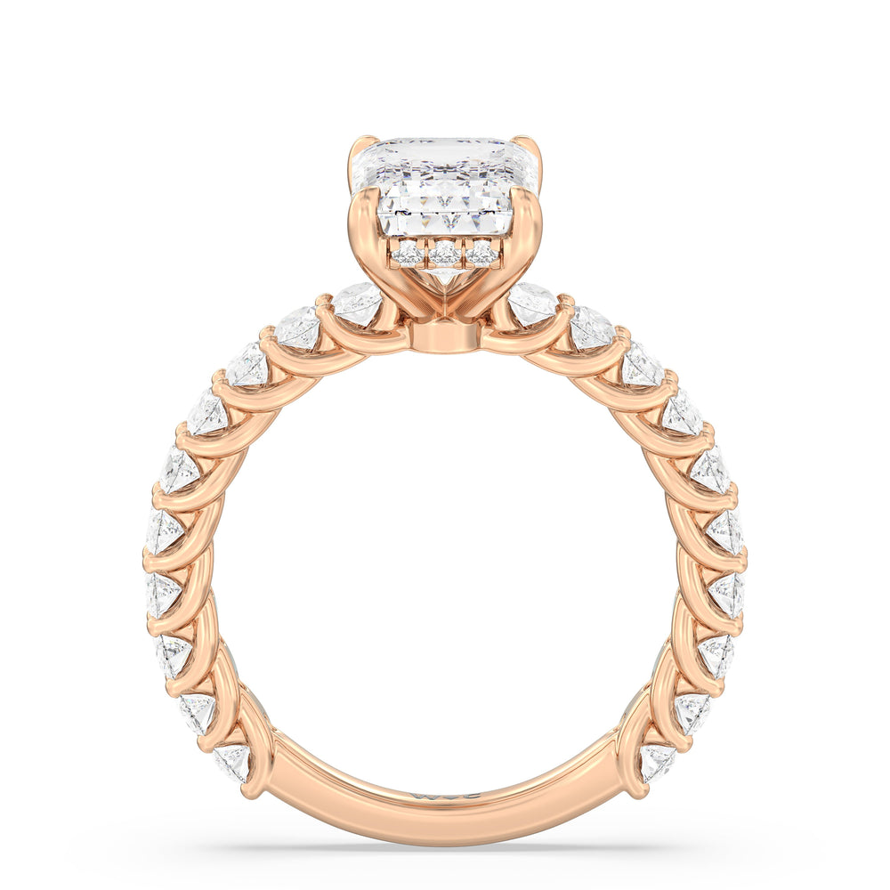 Hidden Halo Oval Side Stones Engagement Ring with Emerald Cut Diamond in 14KT Rose Gold view 2
