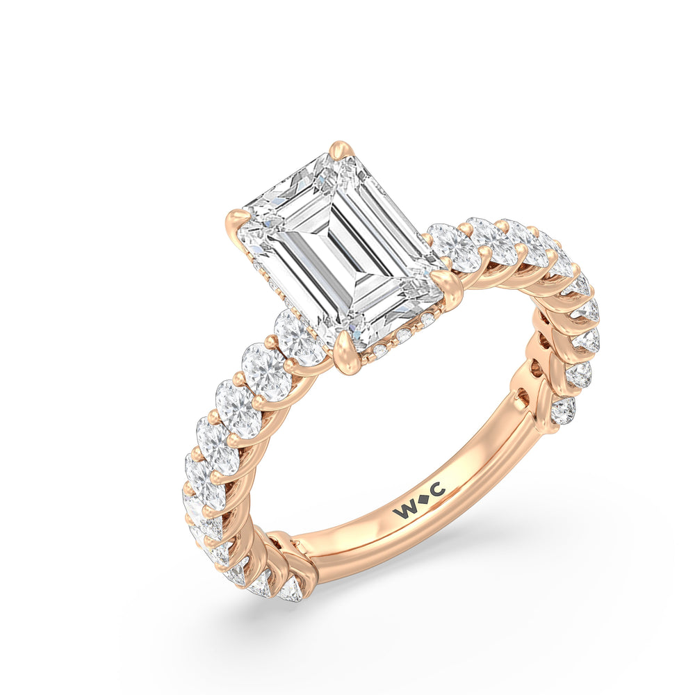 Hidden Halo Oval Side Stones Engagement Ring with Emerald Cut Diamond in 14KT Rose Gold view 3
