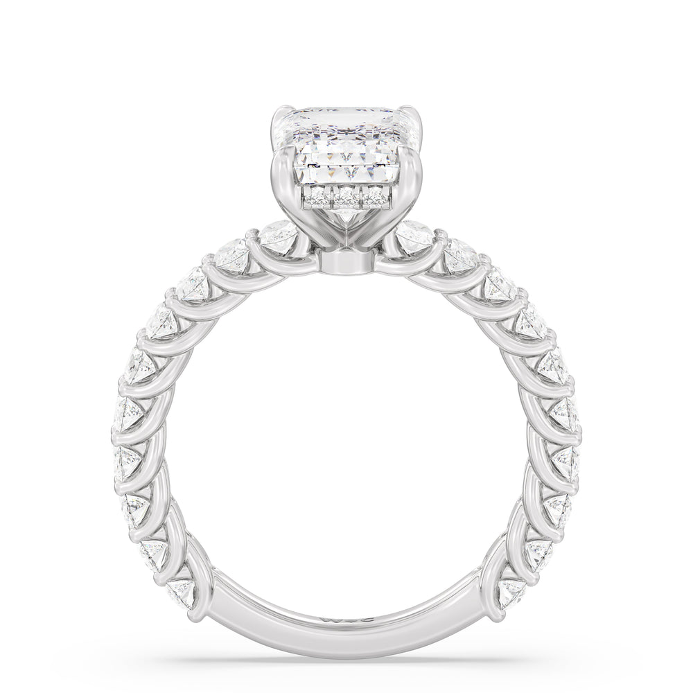 Hidden Halo Oval Side Stones Engagement Ring with Emerald Cut Diamond in 14KT Platinum view 2
