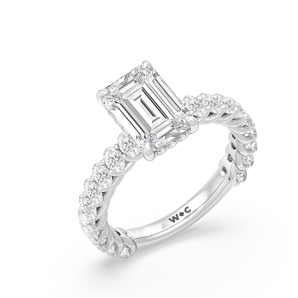 Hidden Halo Oval Side Stones Engagement Ring with Emerald Cut Diamond in 14KT Platinum view 3

