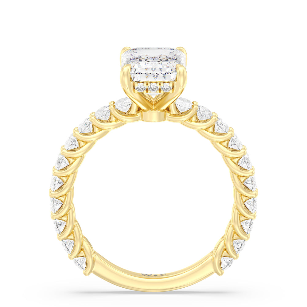Hidden Halo Oval Side Stones Engagement Ring with Emerald Cut Diamond in 14KT Yellow Gold view 2

