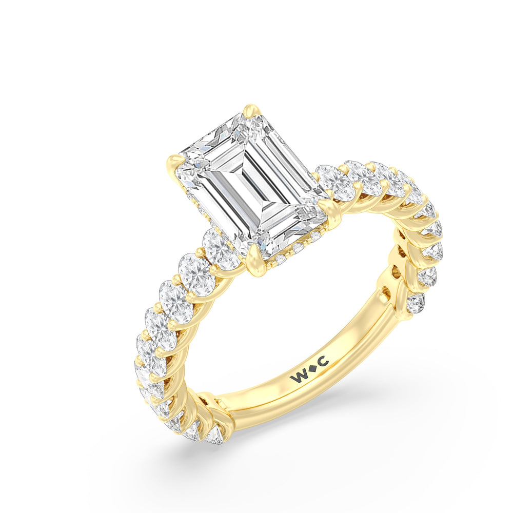 Hidden Halo Oval Side Stones Engagement Ring with Emerald Cut Diamond in 14KT Yellow Gold view 3
