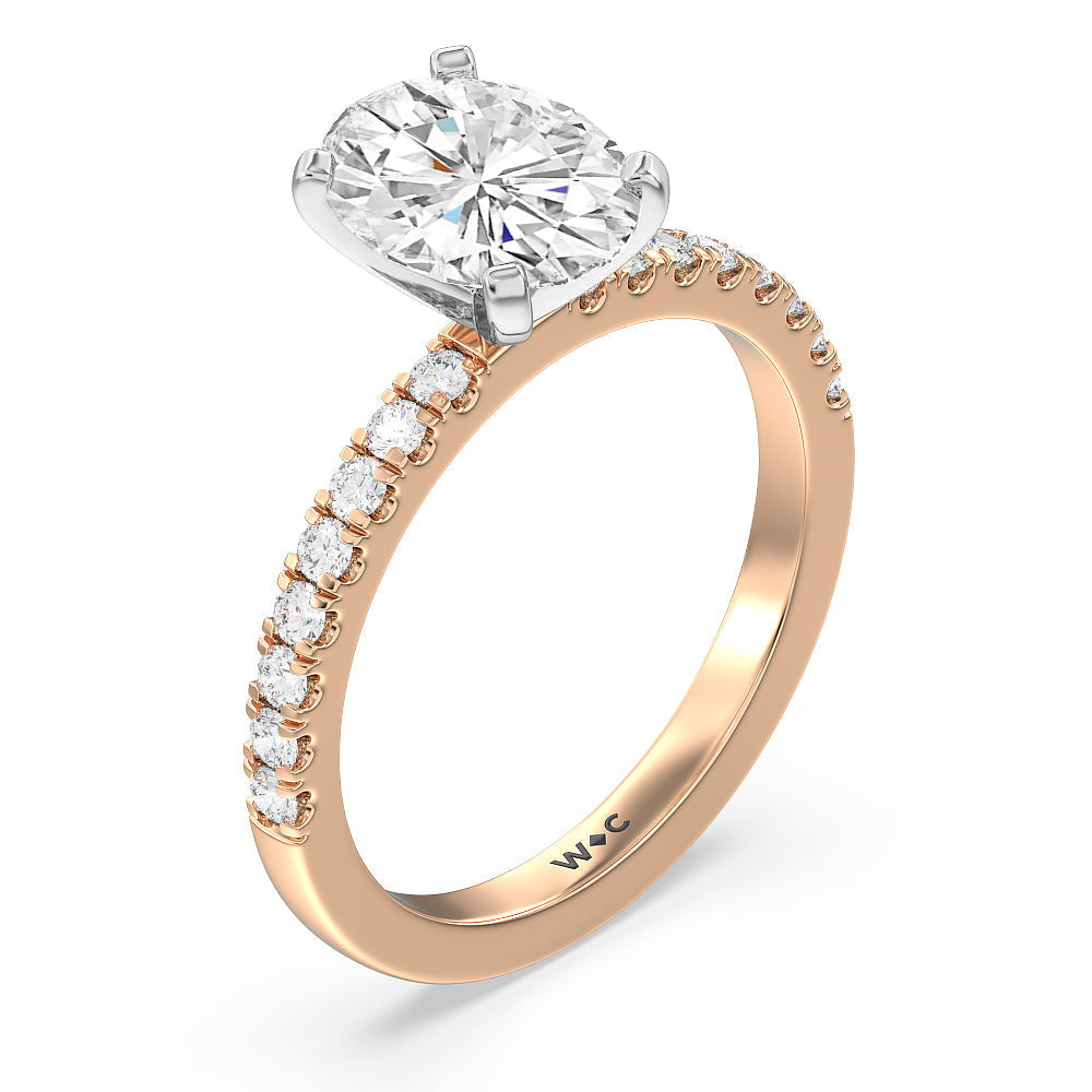 Vela Classic Pave Diamond Engagement Ring with Oval Cut Diamond in 14KT White & Rose Gold view 3
