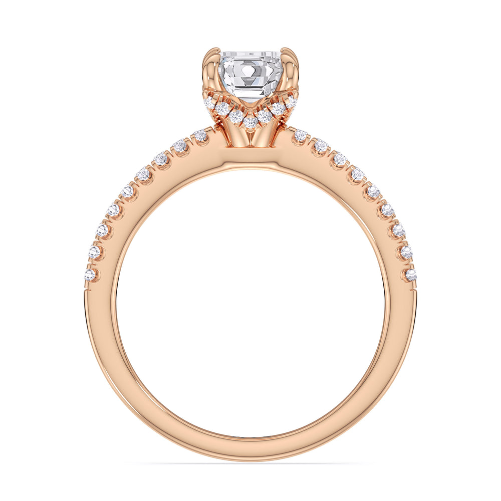 Fine Chevron Hidden Halo Engagement Ring with Emerald Cut Diamond in 14KT Rose Gold view 2
