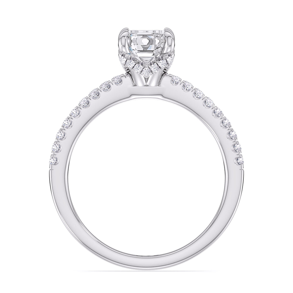 Fine Chevron Hidden Halo Engagement Ring with Emerald Cut Diamond in 14KT Platinum view 2
