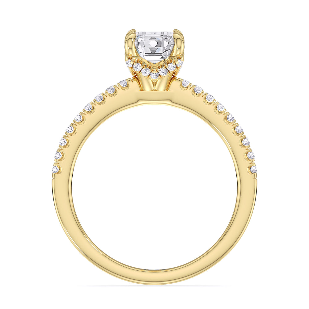 Fine Chevron Hidden Halo Engagement Ring with Emerald Cut Diamond in 14KT Yellow Gold view 2
