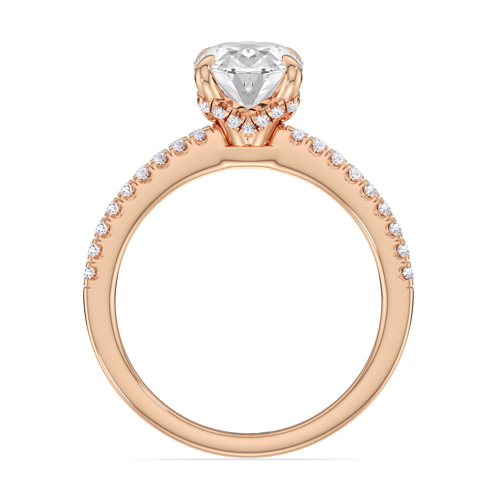 Fine Chevron Hidden Halo Engagement Ring with Oval Cut Diamond in 14KT Rose Gold view 2
