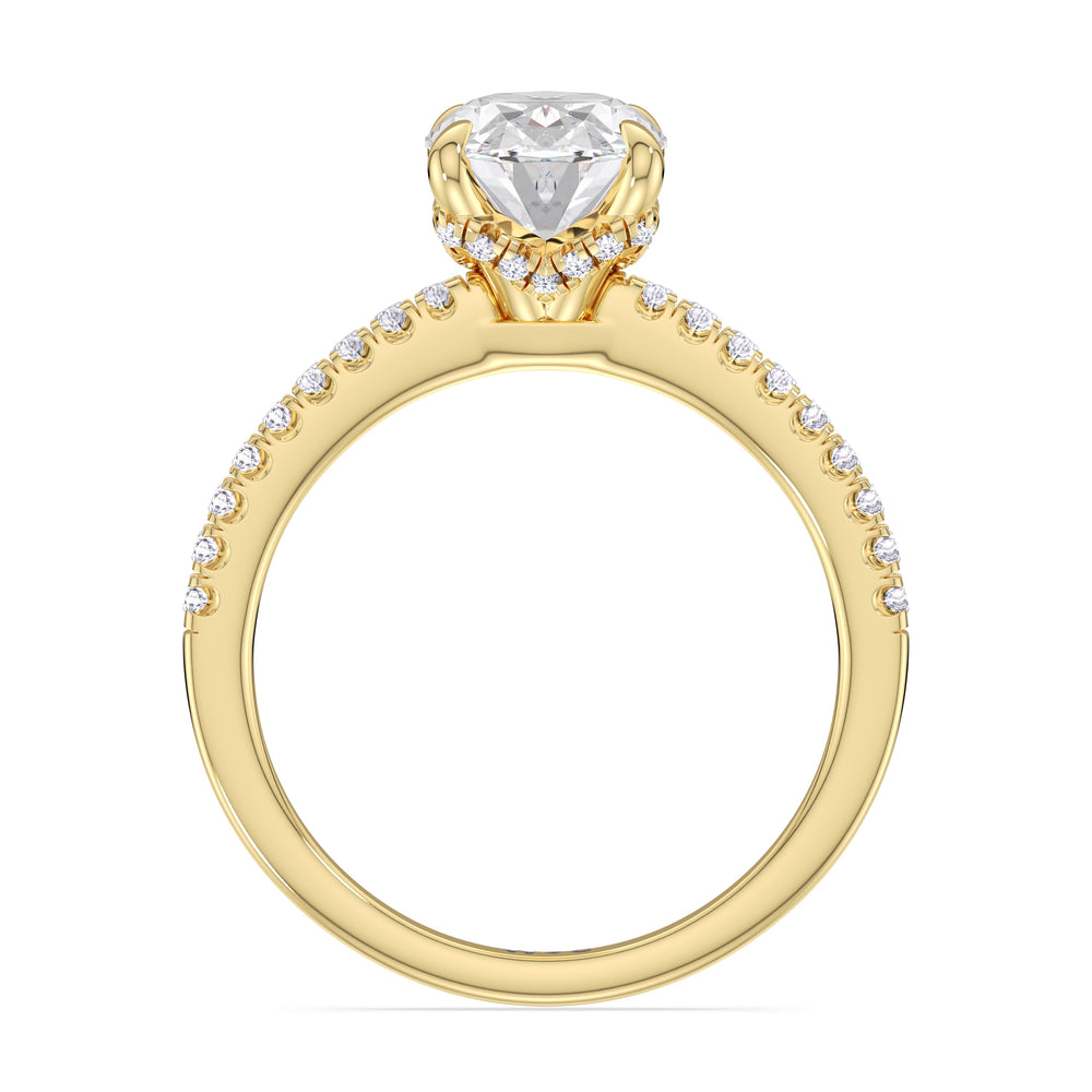 Fine Chevron Hidden Halo Engagement Ring with Oval Cut Diamond in 14KT Yellow Gold view 2
