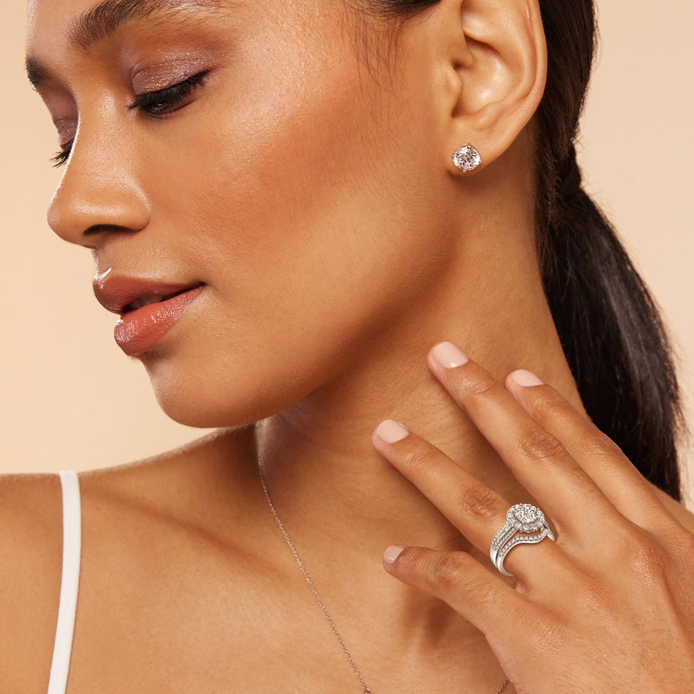 Model Wearing Tapering Baguette Halo Wedding Band view