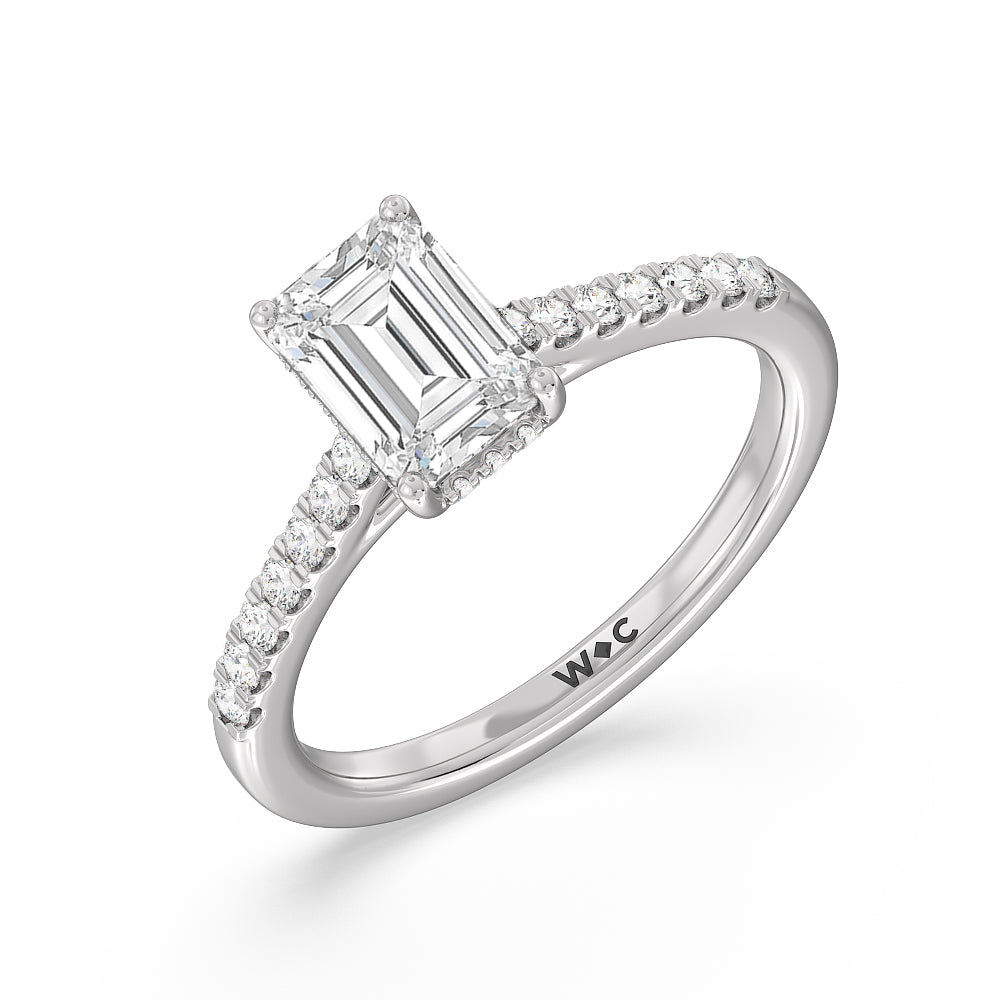 Cathedral Diamond Pave Hidden Halo Engagement Ring with Emerald Cut Diamond in 14KT Platinum view 3
