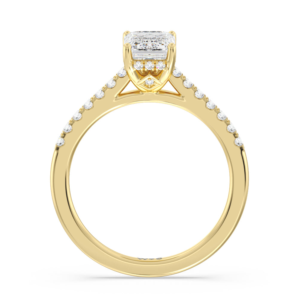 Cathedral Diamond Pave Hidden Halo Engagement Ring with Emerald Cut Diamond in 14KT Yellow Gold view 2
