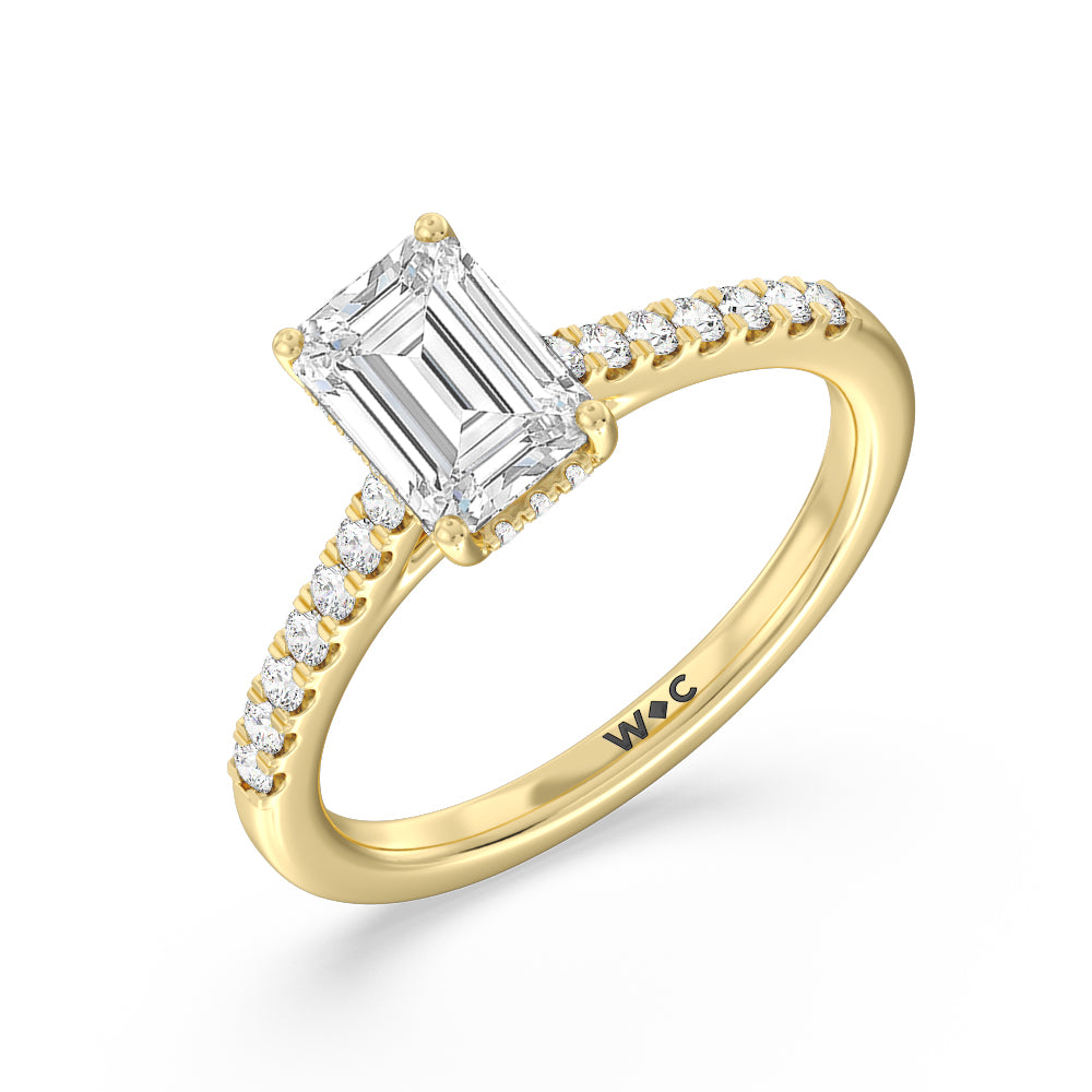 Cathedral Diamond Pave Hidden Halo Engagement Ring with Emerald Cut Diamond in 14KT Yellow Gold view 3
