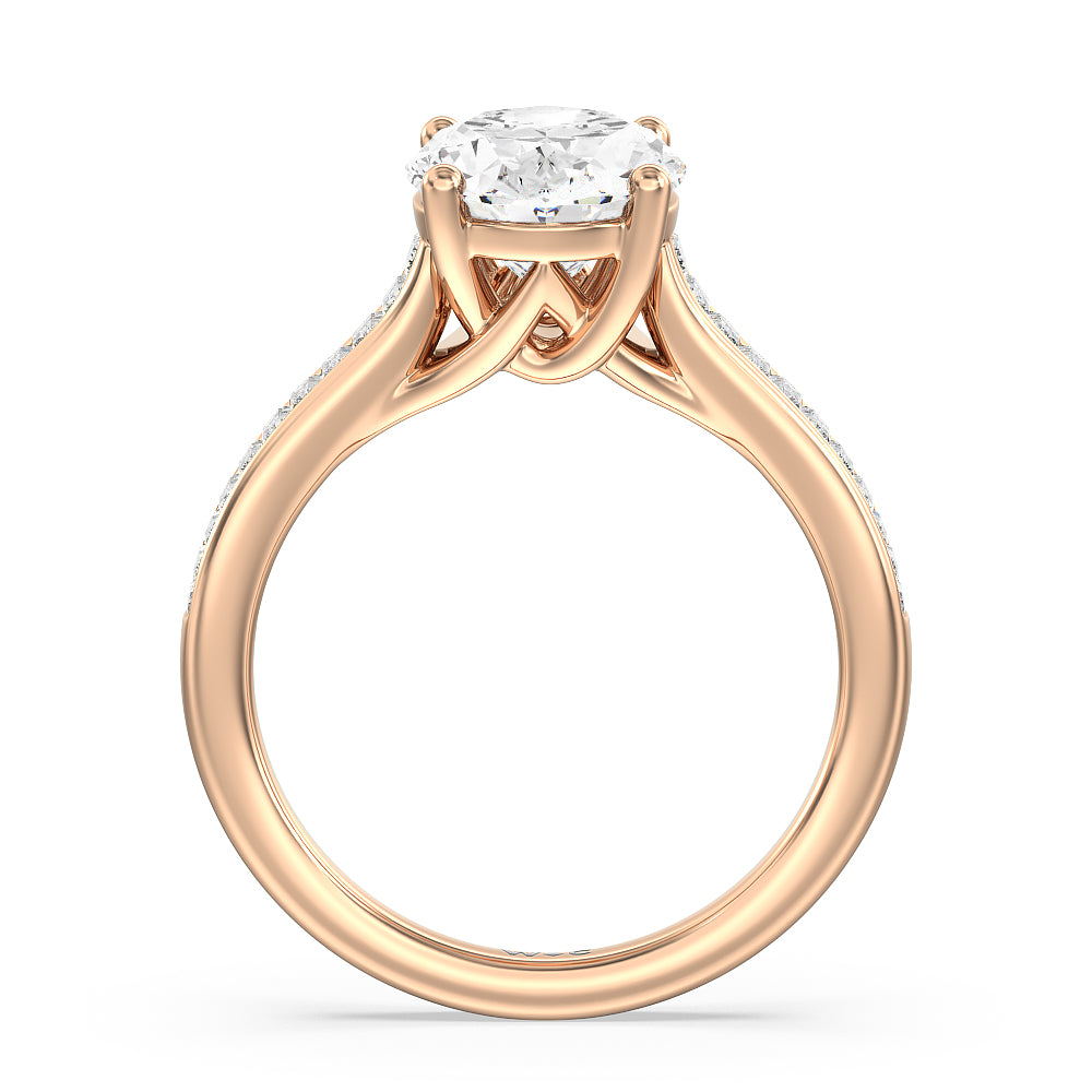Baguette Studded Cathedral Shank Engagement Ring with Oval Cut Diamond in 14KT Rose Gold view 2
