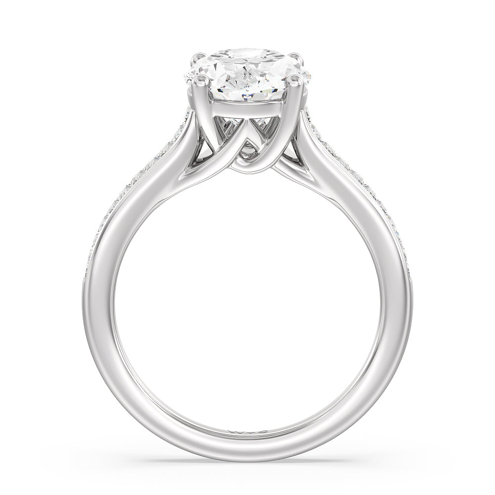 Baguette Studded Cathedral Shank Engagement Ring with Oval Cut Diamond in 14KT Platinum view 2
