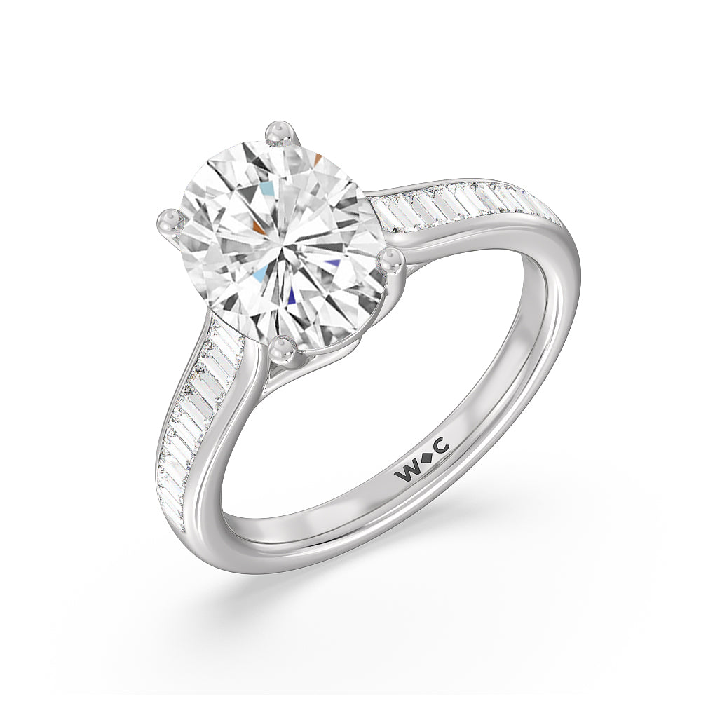 Baguette Studded Cathedral Shank Engagement Ring with Oval Cut Diamond in 14KT Platinum view 3
